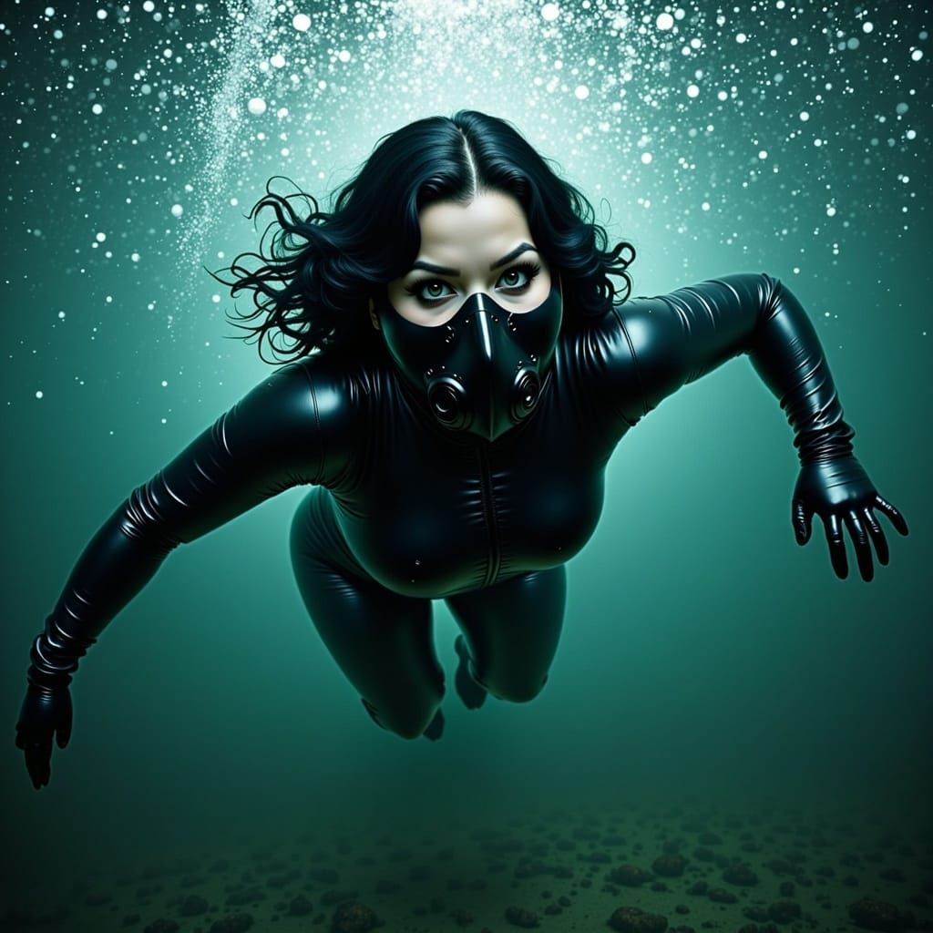 Cyberpunk Girl Swims in Deep Ocean with Techwear