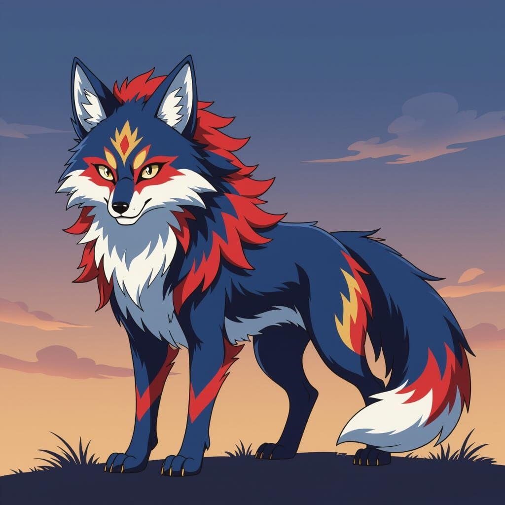Anime Wolf-Fox Hybrid in Blue, Red, and Gold