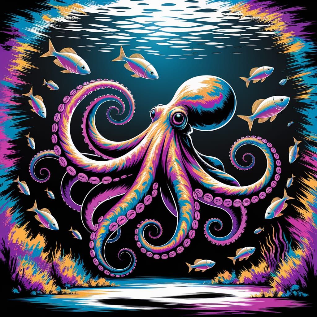 Vibrant Octopus in an Underwater Graffiti Scene