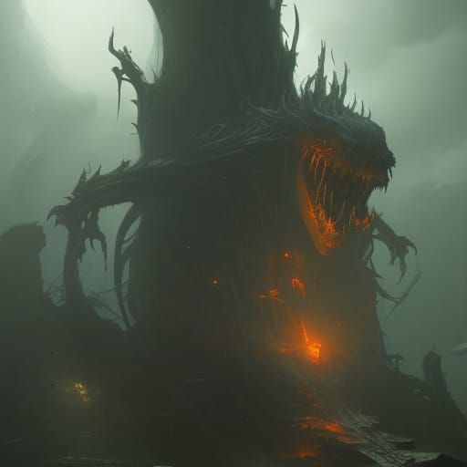 Petrified Dragon Coiled Around Ancient Tree in Gloomy Realm