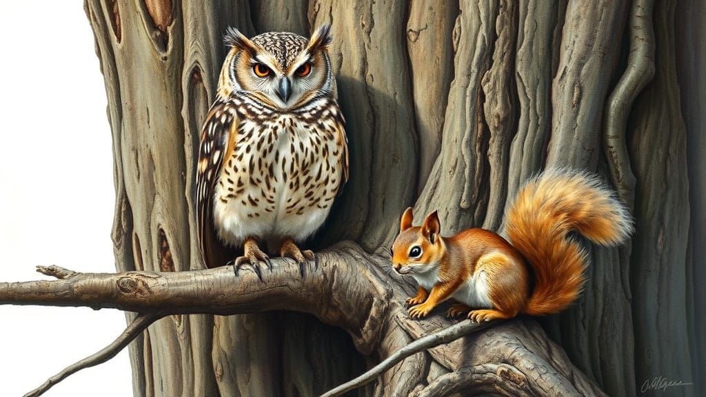 Wise Owl Blends With Tree Bark, Squirrel Observes
