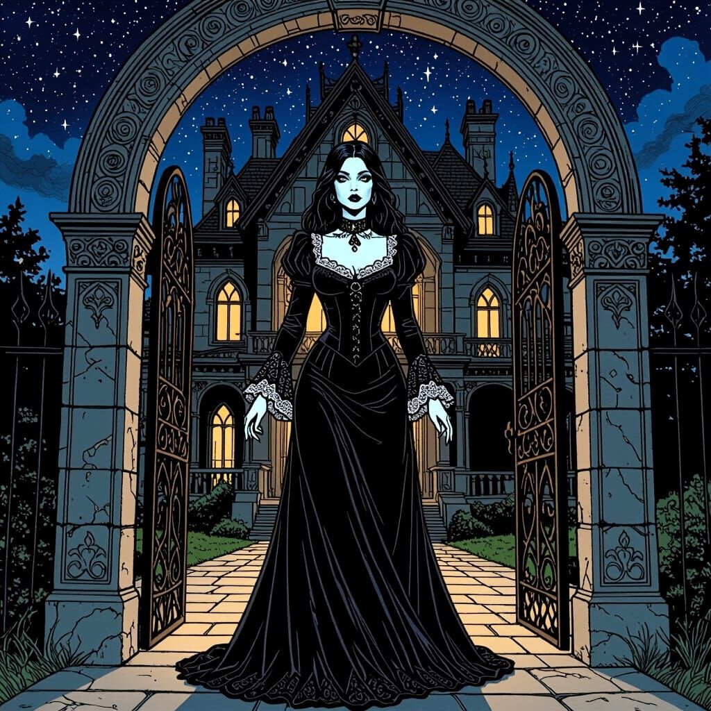 Gothic Woman at Mansion Entrance, Comic Art Style