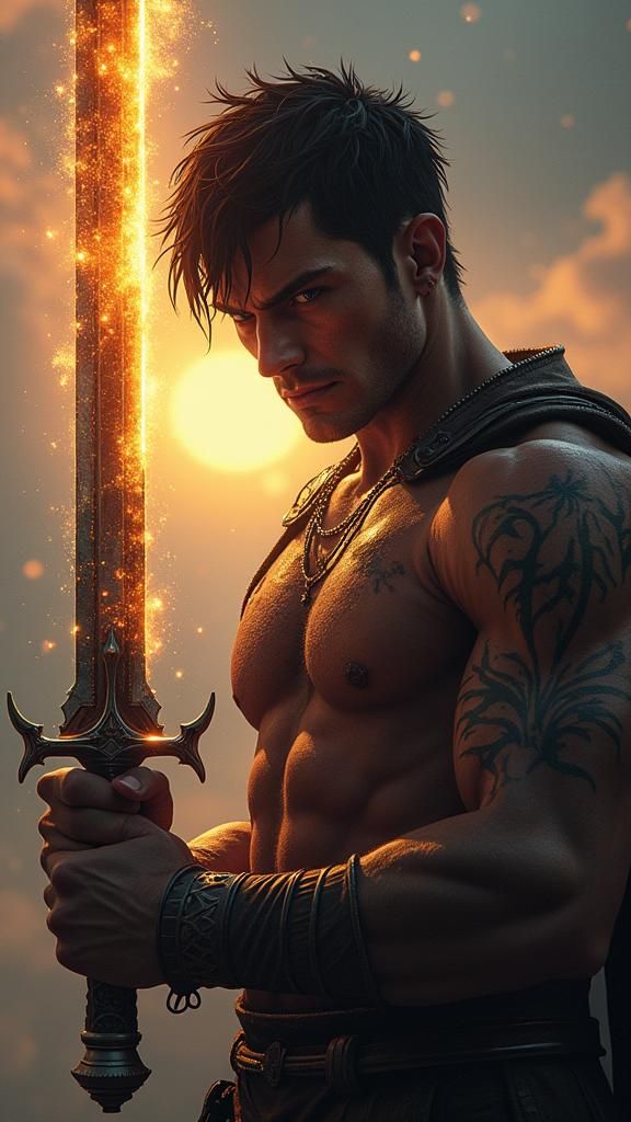Fierce Warrior Grips Sword in Fantasy Art Style