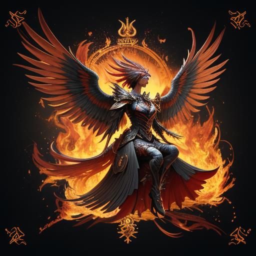 Phoenix Spreads Wings Amidst Tarot Cards in Anime Art