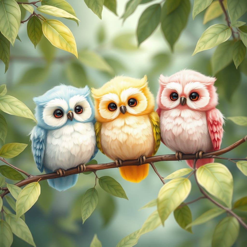 Whimsical Owls Perched in a Dreamy Landscape