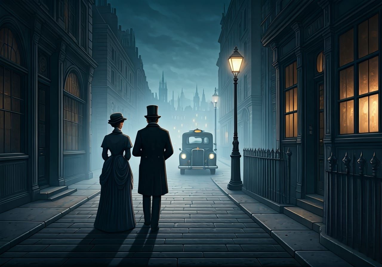 Elegant Couple Stroll Through Misty London Street