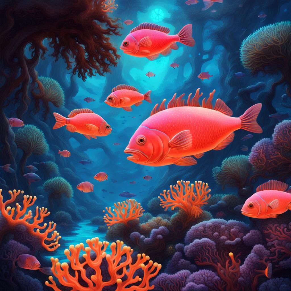 Bioluminescent Coral Reef Scene with Glowing Fish