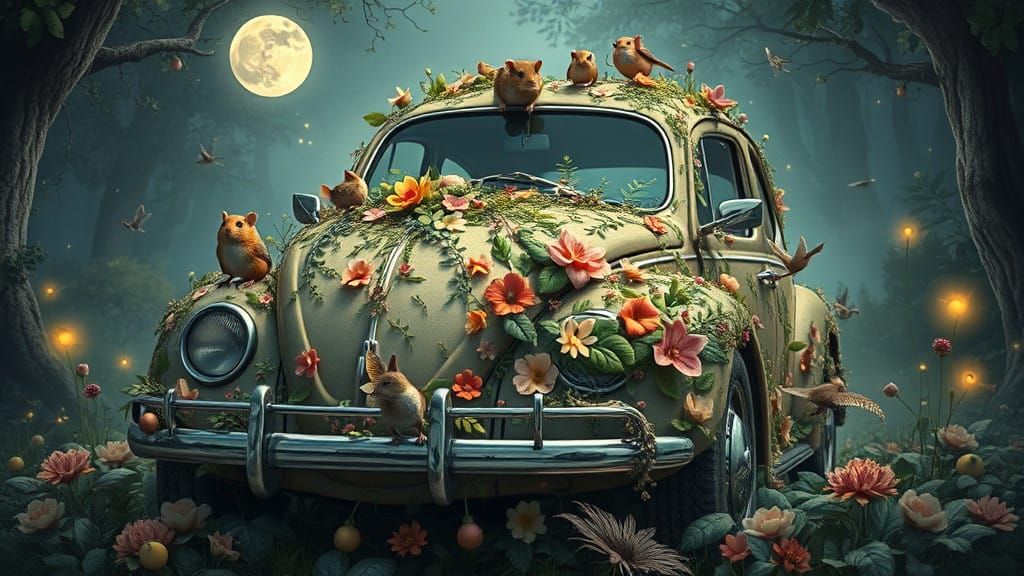 Whimsical VW Beetle Transformed by Nature in Moonlit Fantasy...