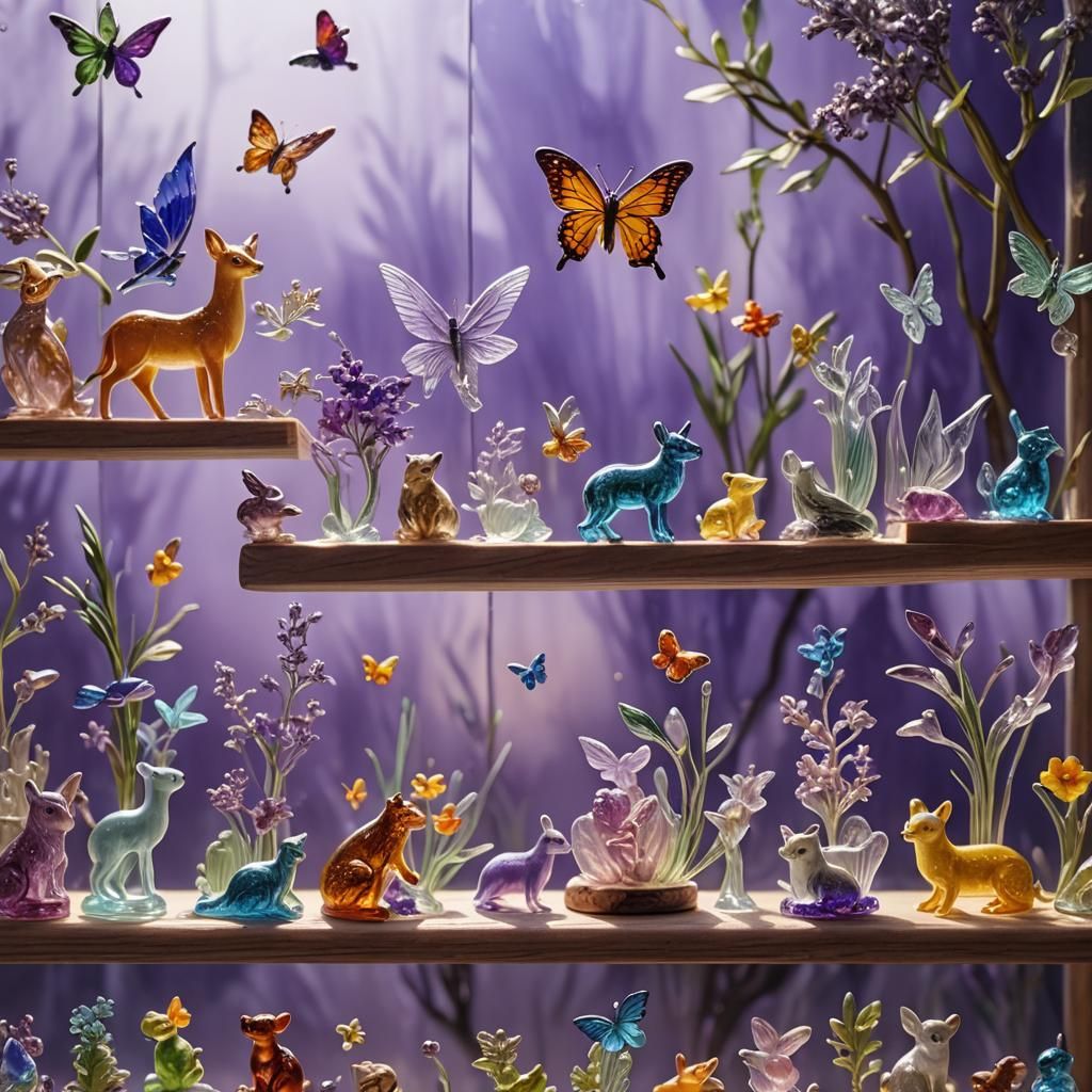 Vibrant Glass Animal Figurines on Wooden Shelf