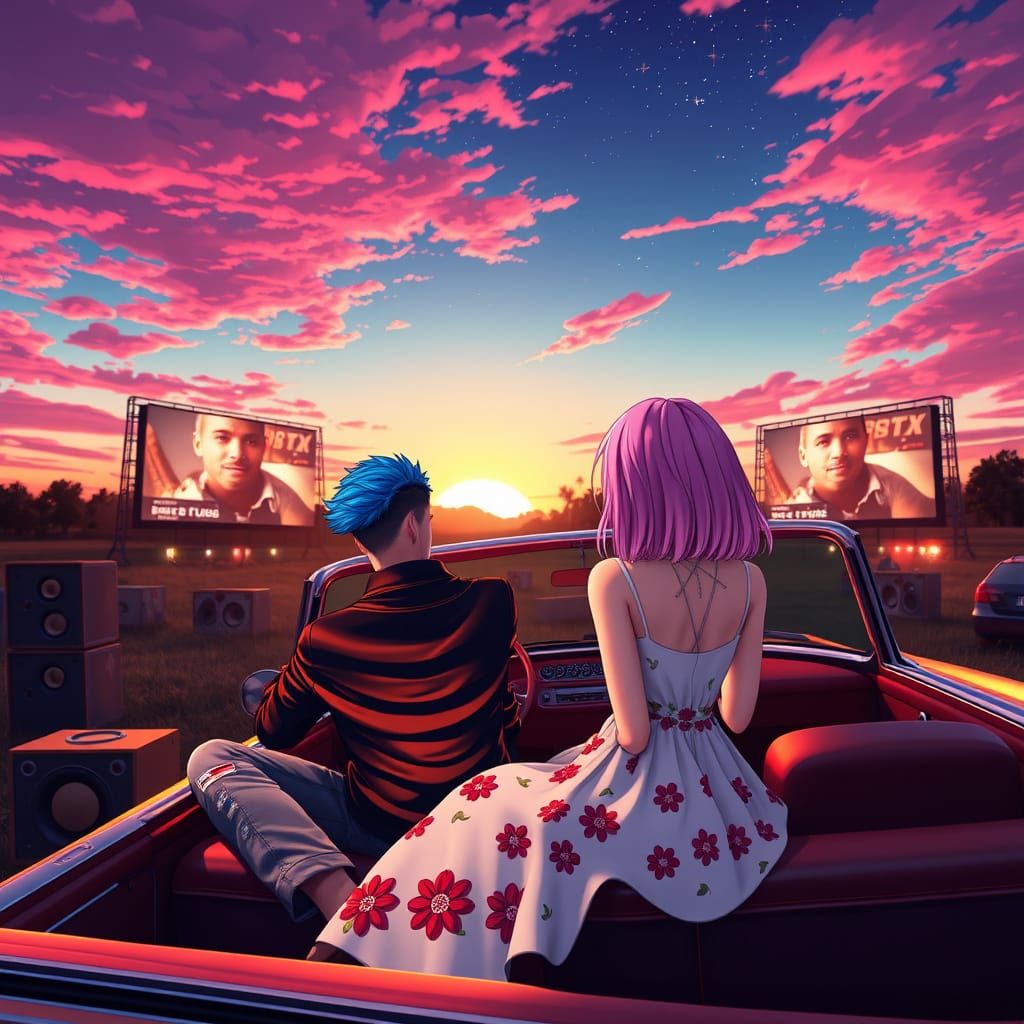 A domican boy with blue hair at a retro drive-in movie theater, with a young beautiful girl with purple and pink hair, u...