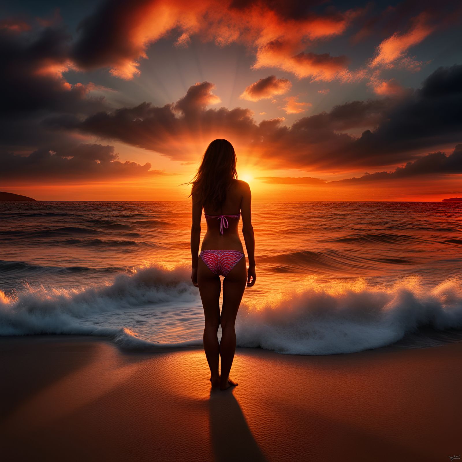 Bikini Woman Watches a Spectacular Sunrise