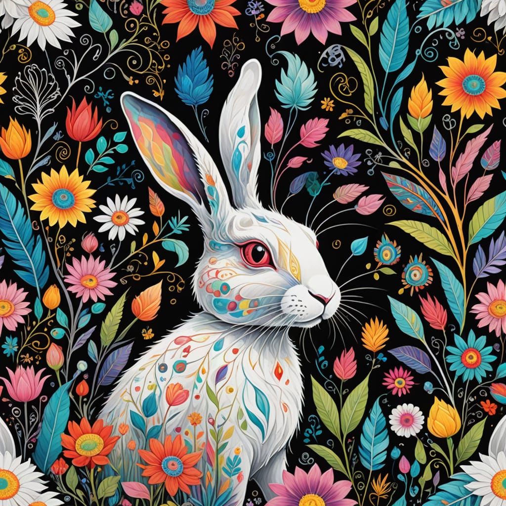 Whimsical Surrealism: A Ghostly Hand Meets a Rainbow Rabbit