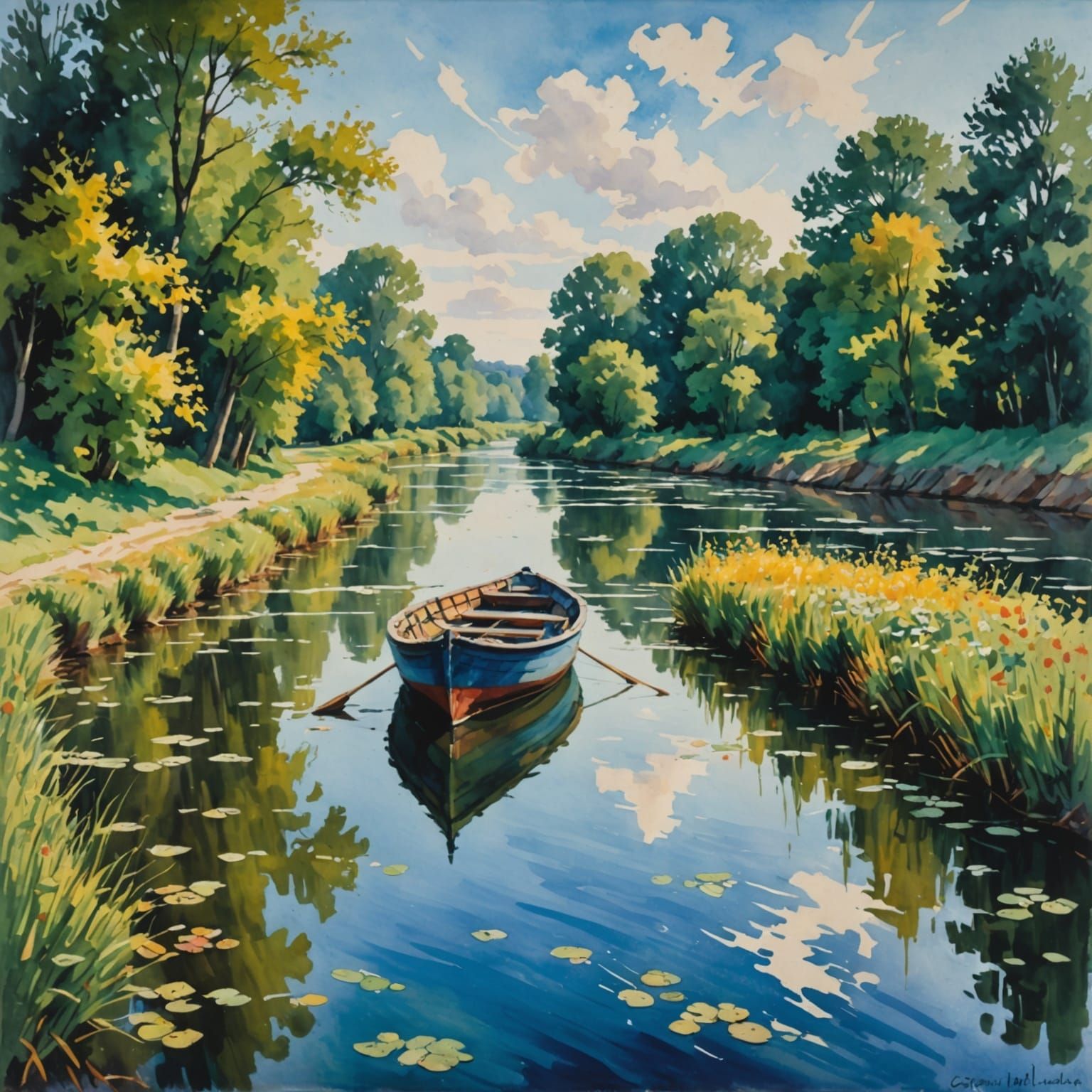 A Deserted Boat on a River in Epic Impressionist Style