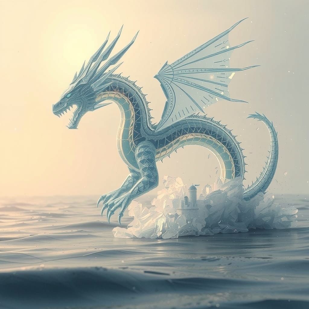 Majestic Glass Dragon Emerges from Frozen Sea in Winter Wond...