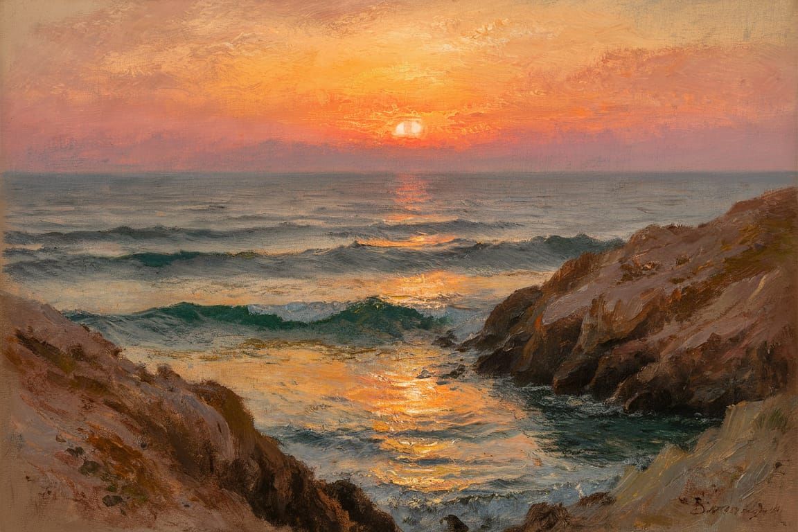 Tranquil Coastal Sunset in Impressionist Style