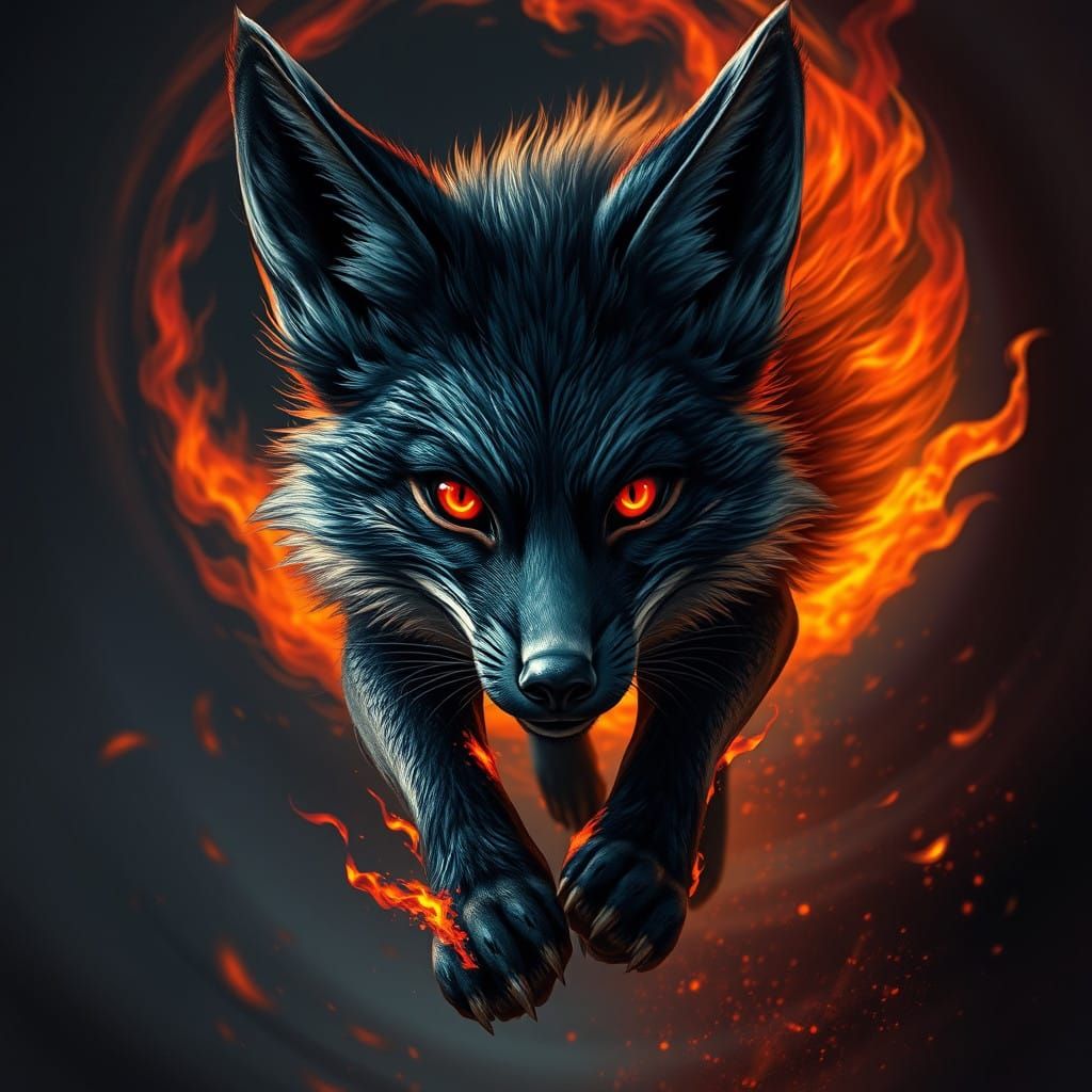 Mystical Black Fox in Swirling Flames