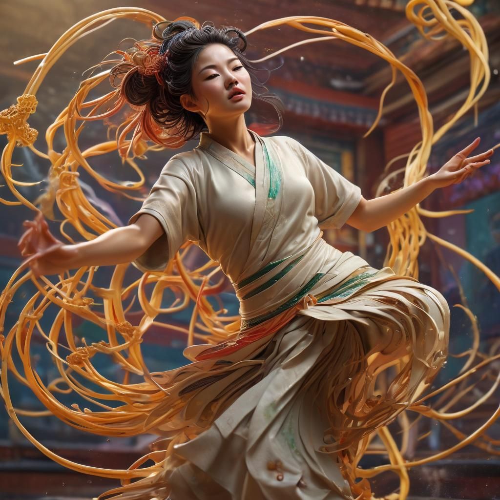 Hyperrealistic Dancing Noodle Lady Splash Art