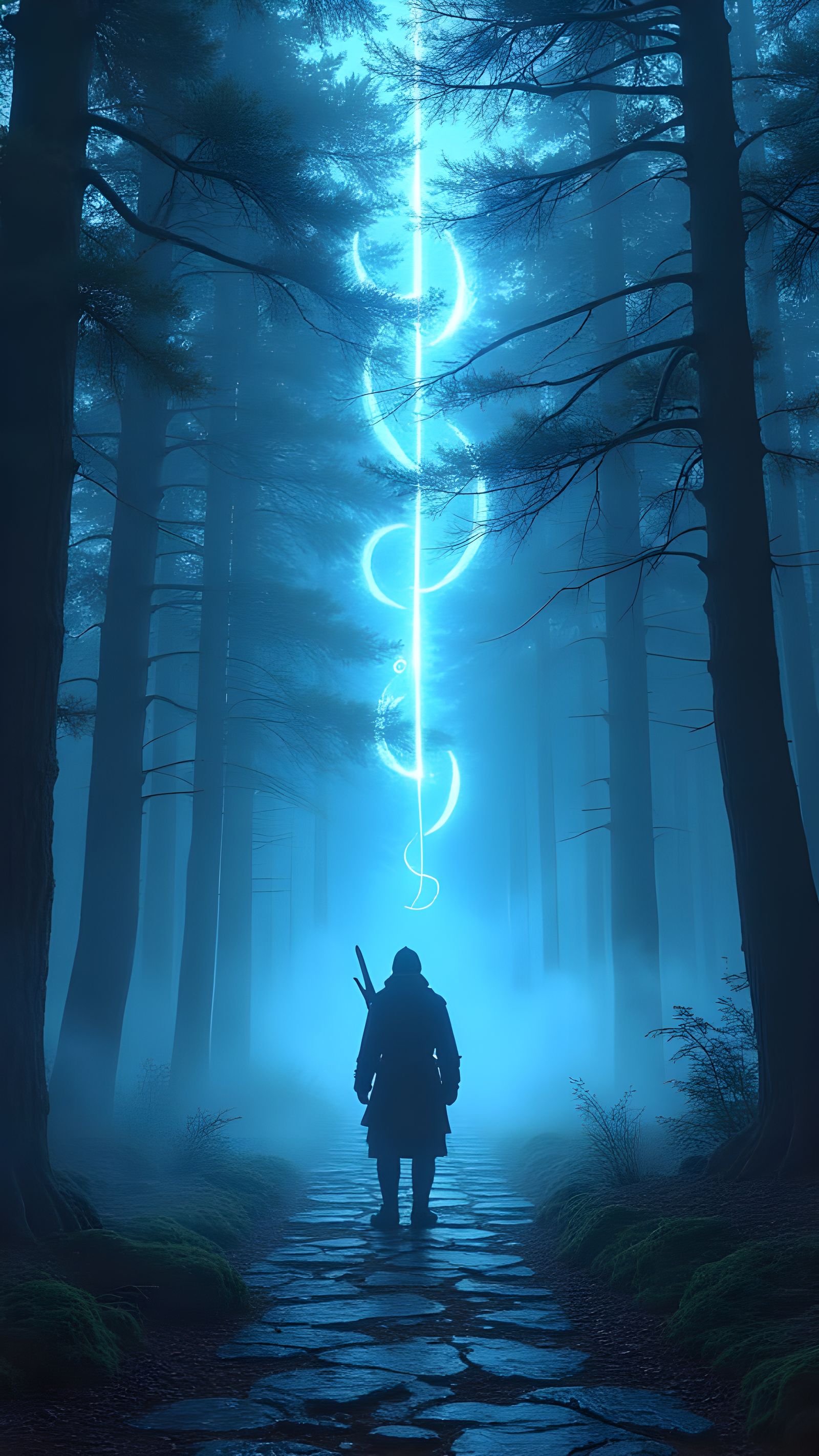 Mystical Warrior on Glowing Path in Twilight Forest
