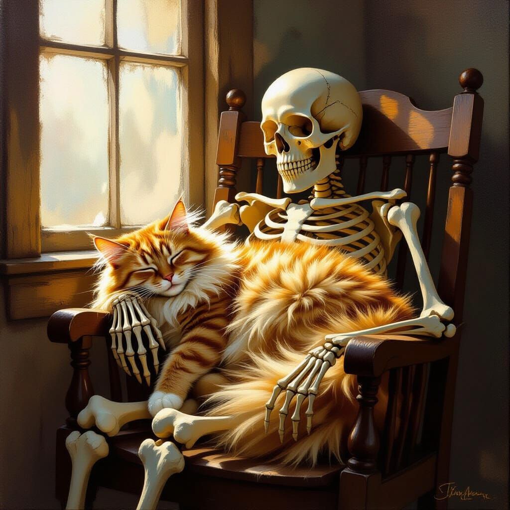 Fluffy Cat Rests On Skeleton In Sunlit Room