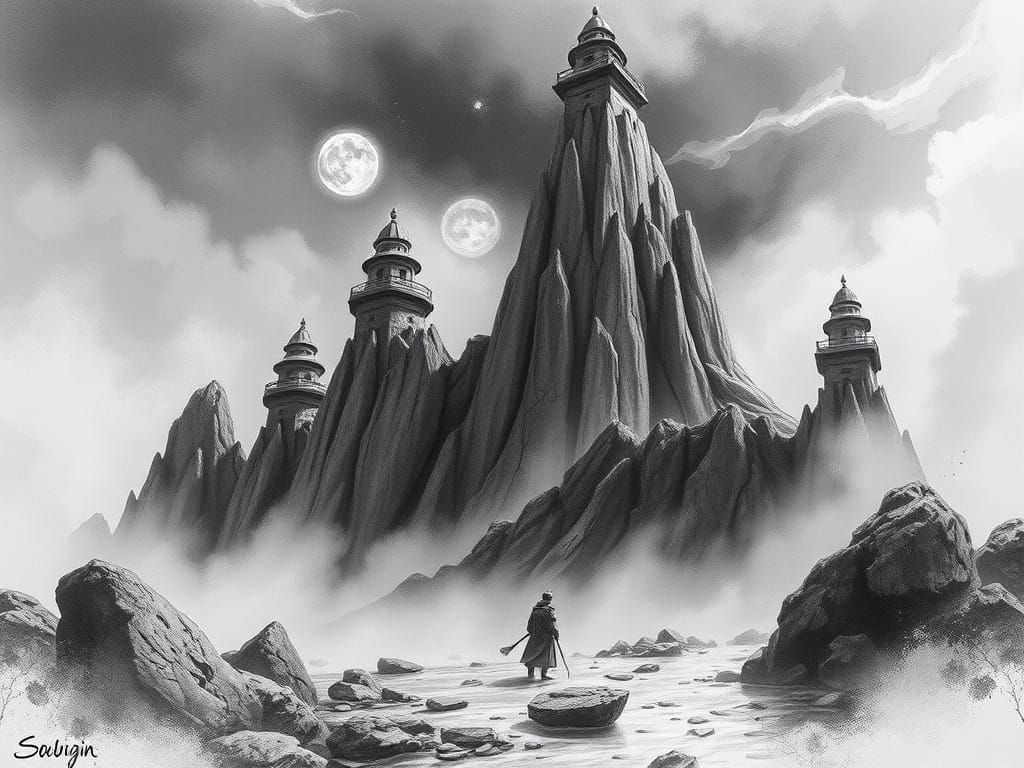 Mystical Anime Scene in Charcoal Drawing Style