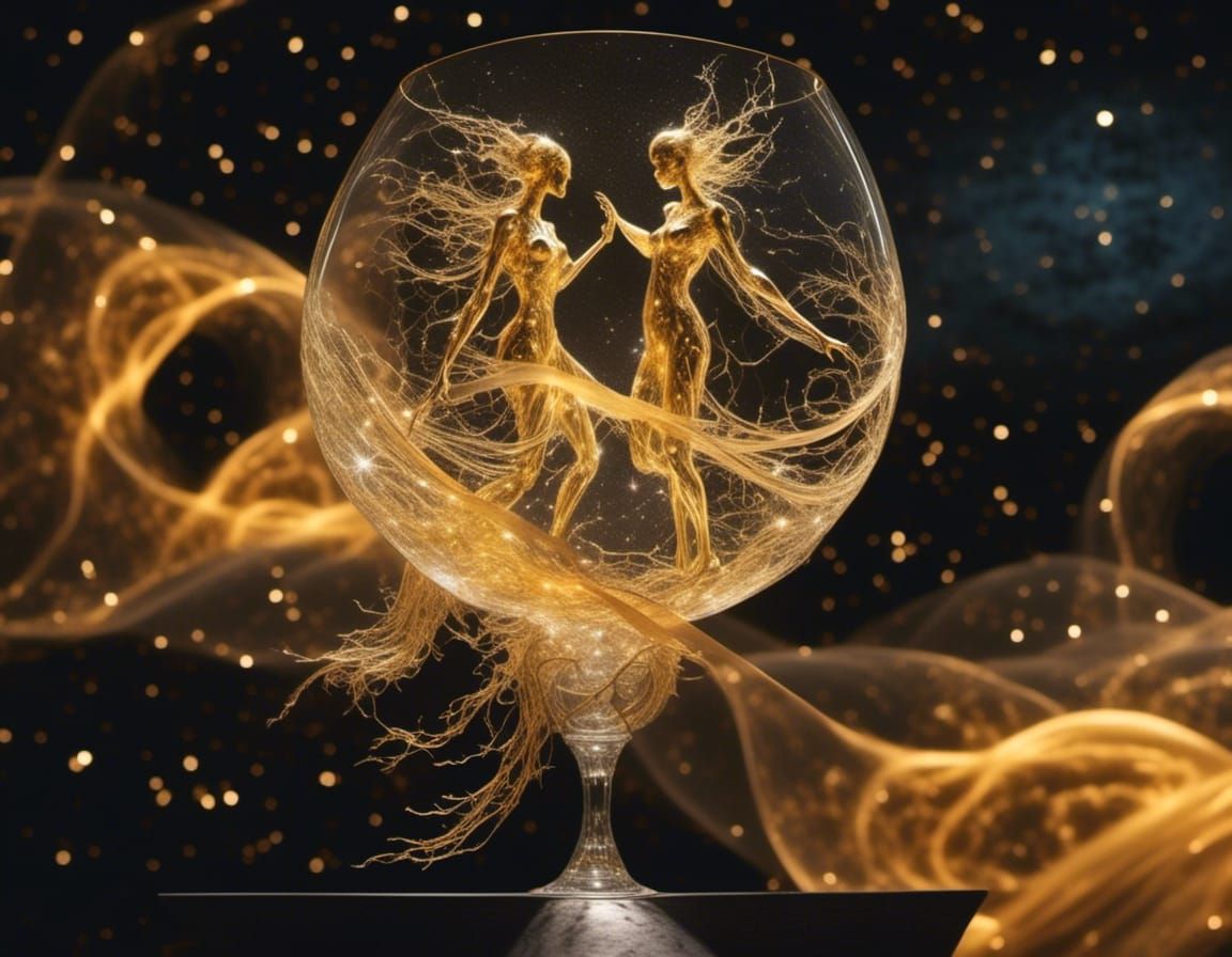 Ethereal Celestial Beings Dance Above Champagne