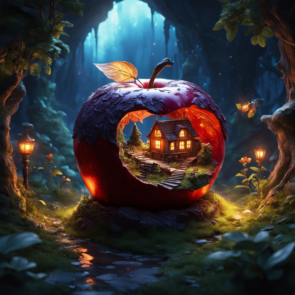 Whimsical Fairy Village Inside a Vibrant Red Apple