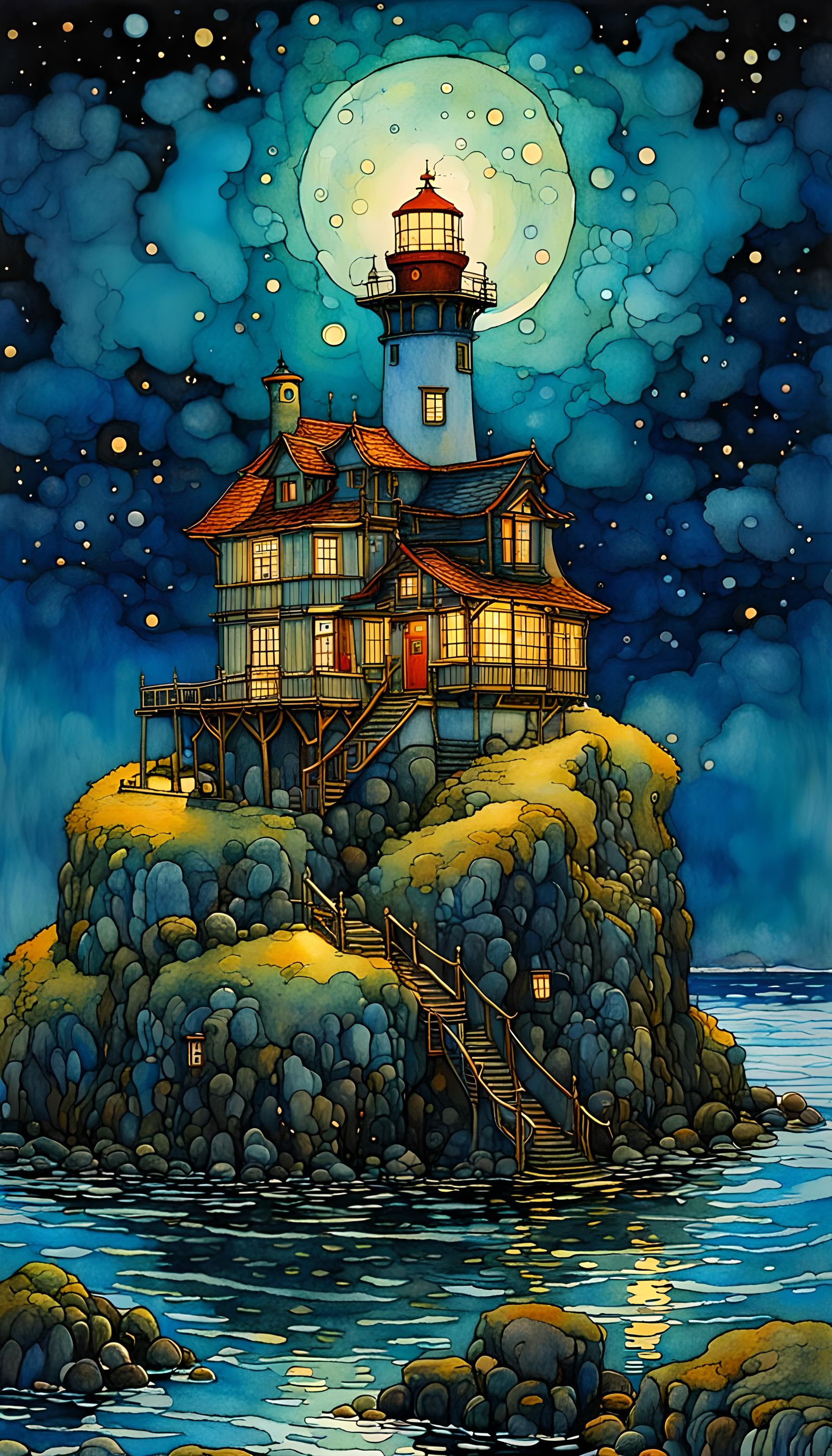Island Lighthouse at Night in Vivid Digital Art