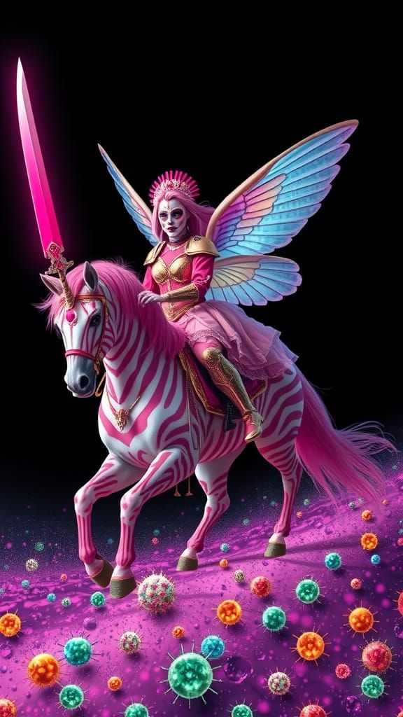 Inside the human bossom  a pink, gothic, female warrior queen, adorned in intricately coloured ( sugar skull make up  fa...