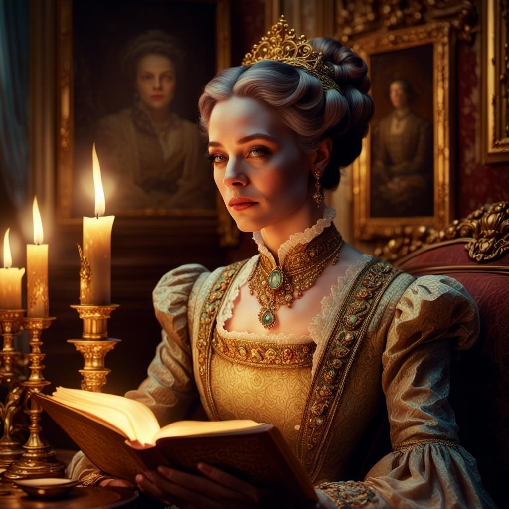 Victorian Noblewoman Reading by Candlelight
