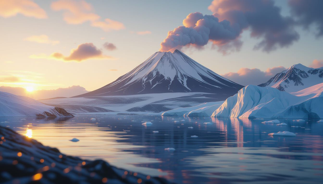 Volcano and Iceberg Contrasting Landscapes in Golden Hour