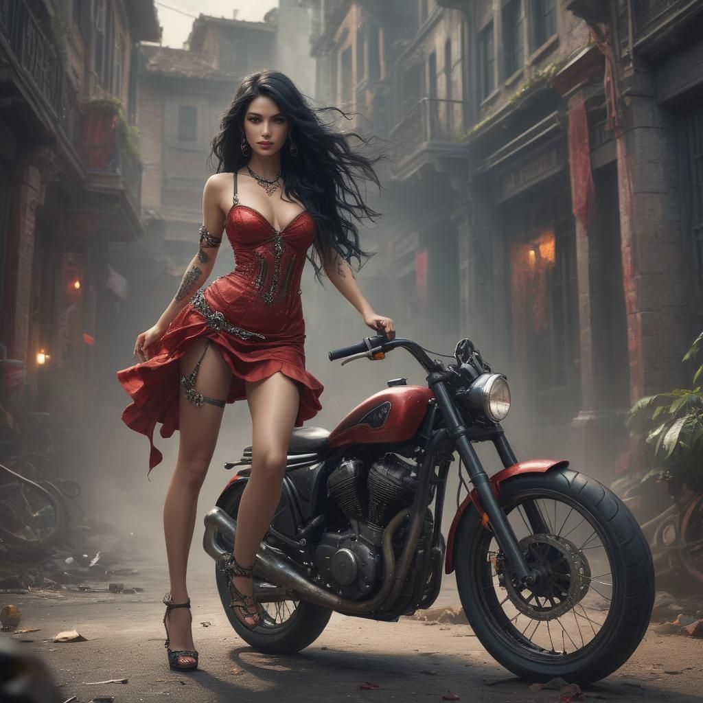 Girl in Red Dress with Motorcycle: Fantasy Concept Art