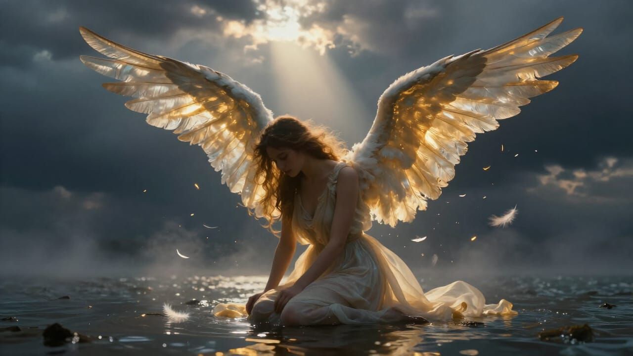 Winged Woman Kneels in Stormy Light as Art Nouveau Fantasy