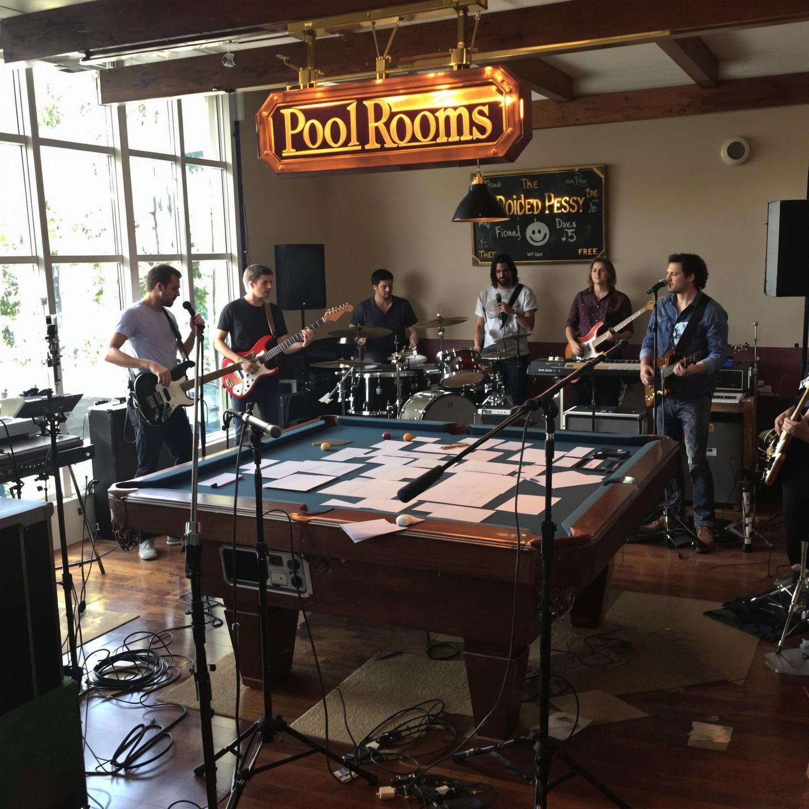 Musicians Perform in Cozy, Well-Lit Room with Pool Table