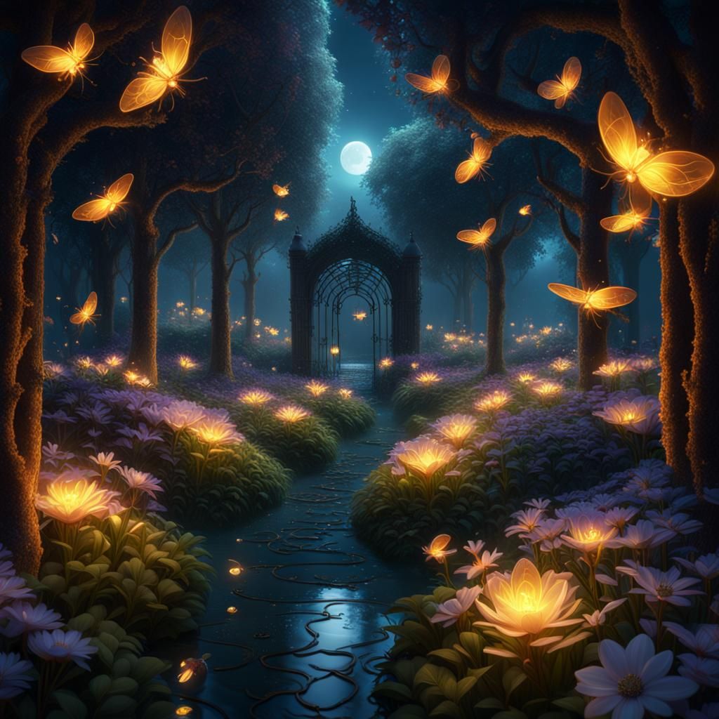 a whimsical scene of fireflies guiding fairy residents throu...