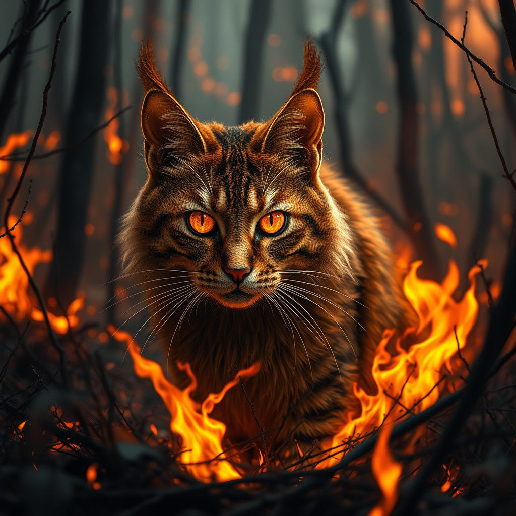 Fiery Tabby Cat in Blazing Forest