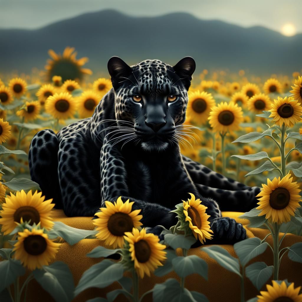Black Leopard in Sunflower Field: Cinematic Digital Art