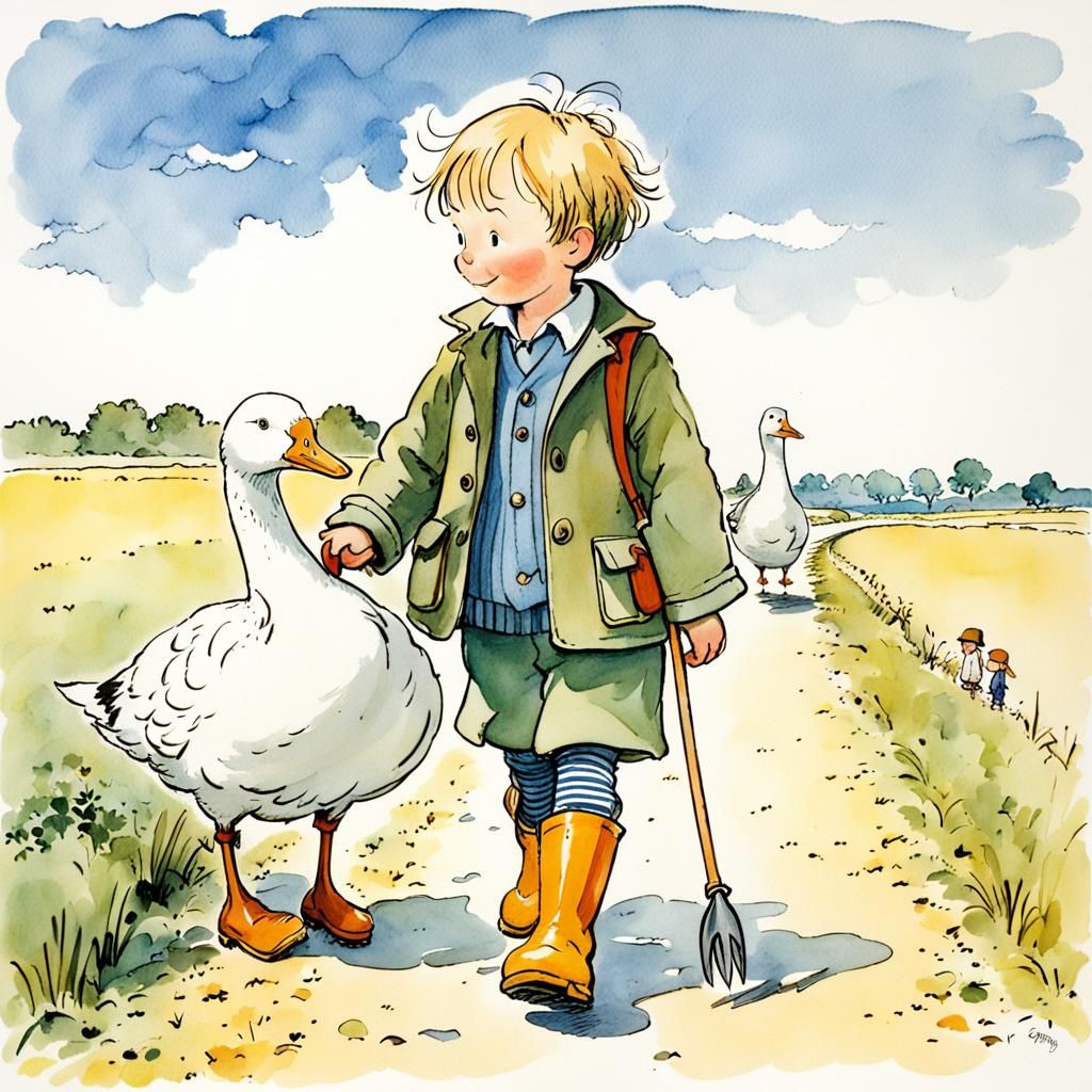 Boy and Goose Walk Illustration