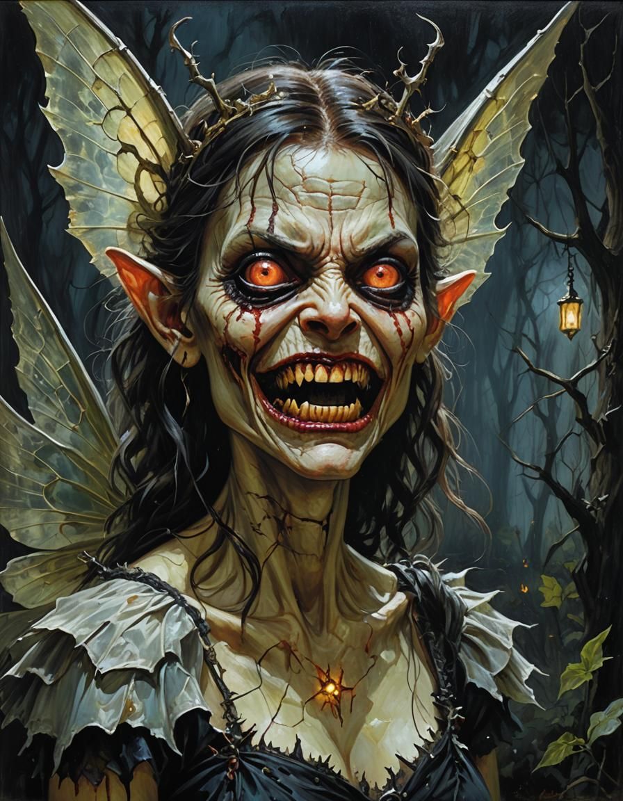 Eerie Gothic Fairy with Glowing Eyes in Oil