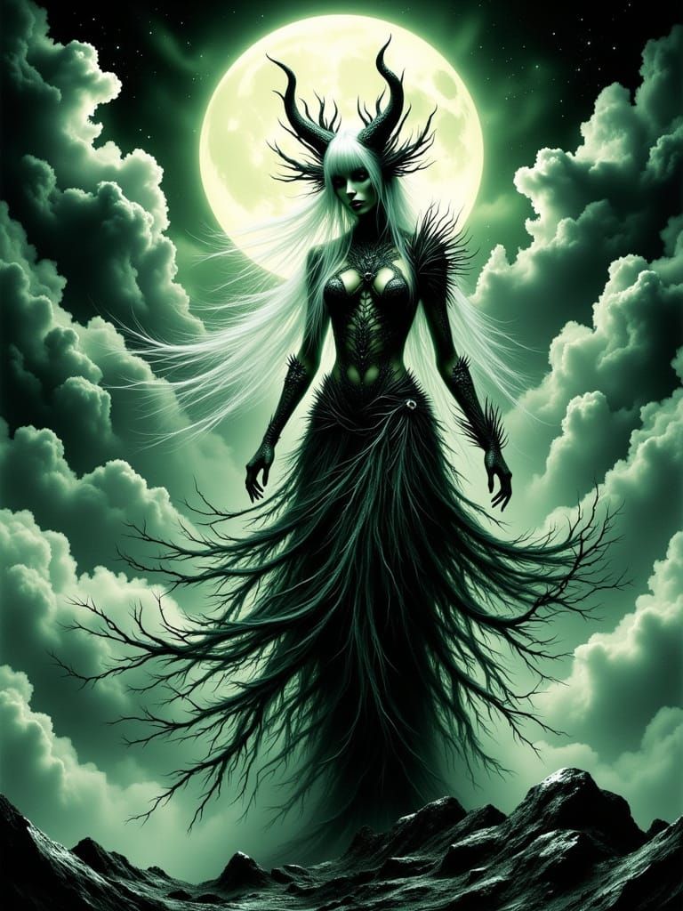 Surreal Ink Demoness in Dark, Mystical Realm