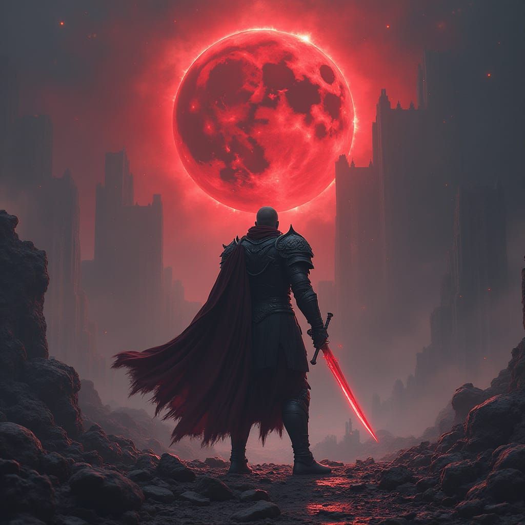 Warrior King Amidst Celestial Battlefield Ruins