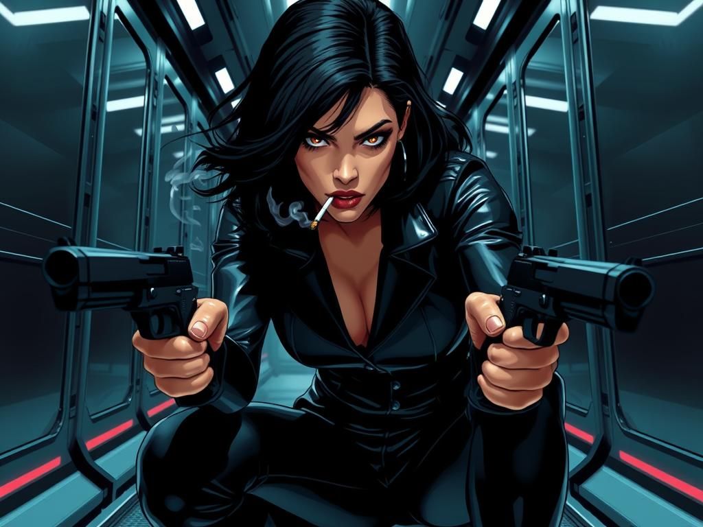 Secret Agent in Metallic Hallway: Cyberpunk Style