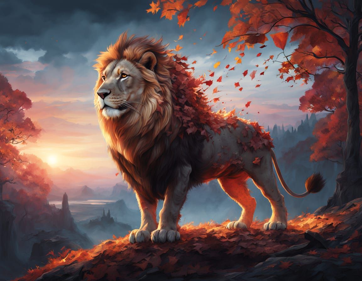 Autumnal Lion Overlooking Forest, Fantasy Art
