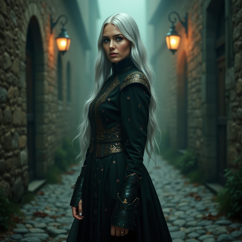 Ethereal Woman in Dramatic Alleyway, Inspired by Beksiński's...