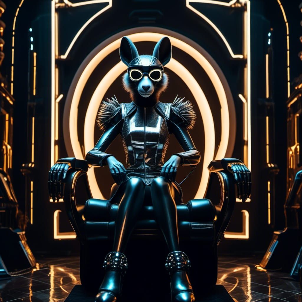 Cyber Noir Woman with Rabbit Mask on Throne