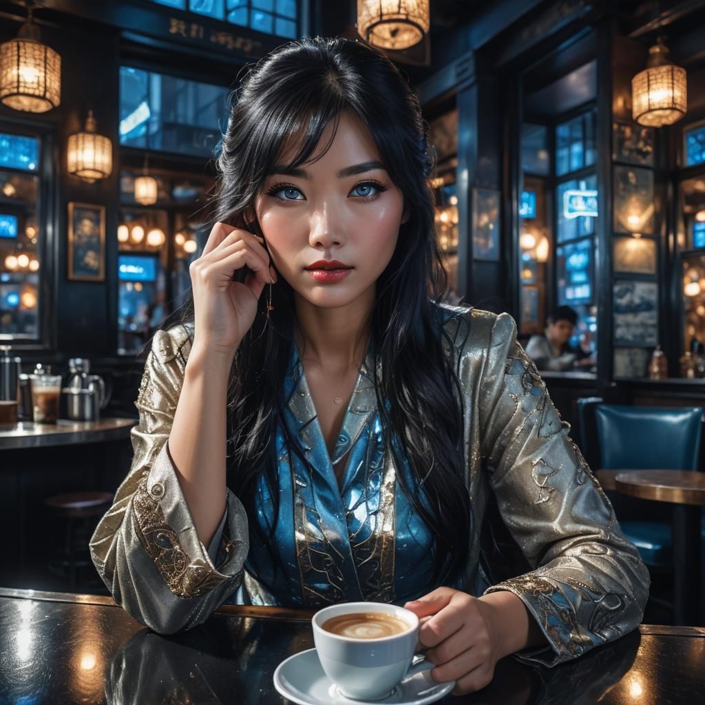 Asian Woman with Coffee in High-Definition Photography
