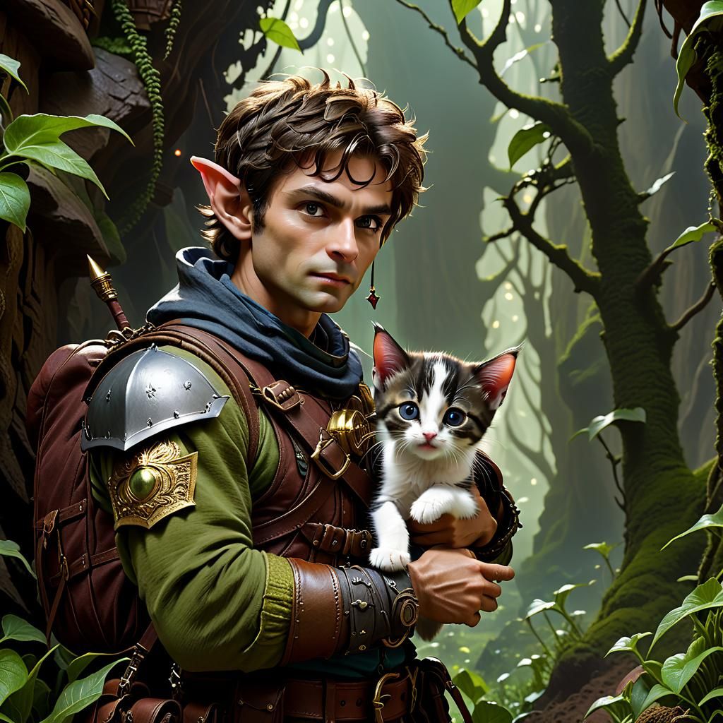 Kindly Goblin Adventurer Rescuing Kitten