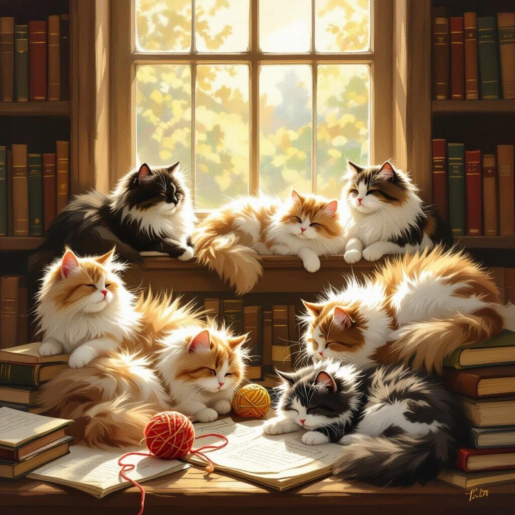 Fluffy Cats Relaxing in a Sunlit Library