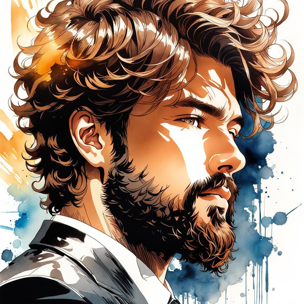 Detailed Ink and Watercolor Portrait with Double Exposure