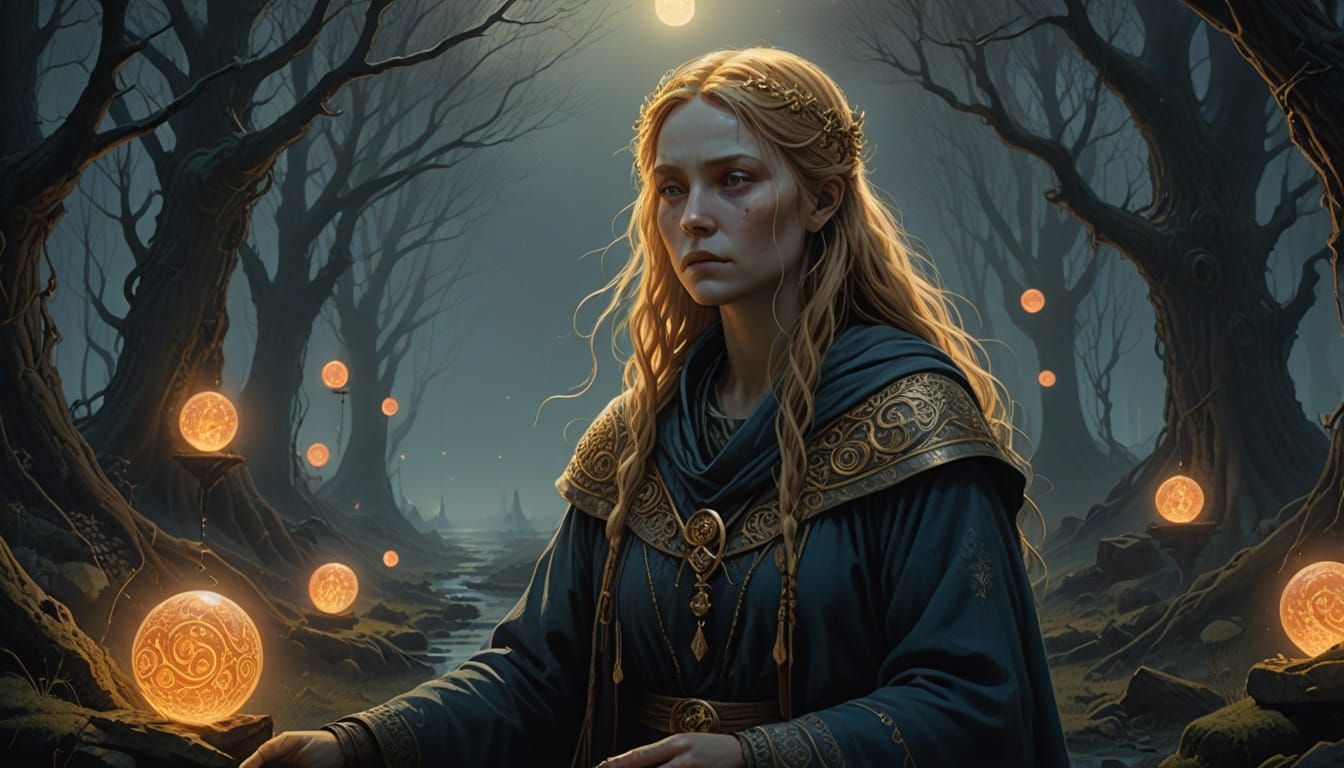 Woman in Mystical Aura with Glowing Runes and Magical Orb