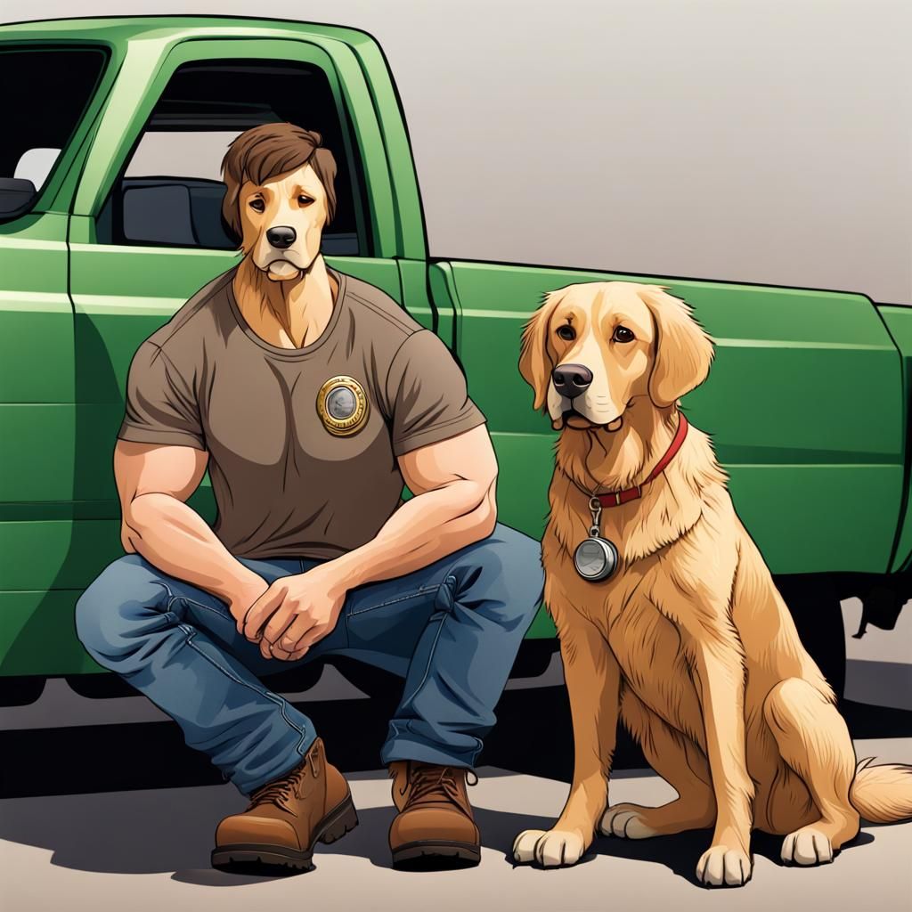 Muscular Veterinarian with Retriever Dog and Truck